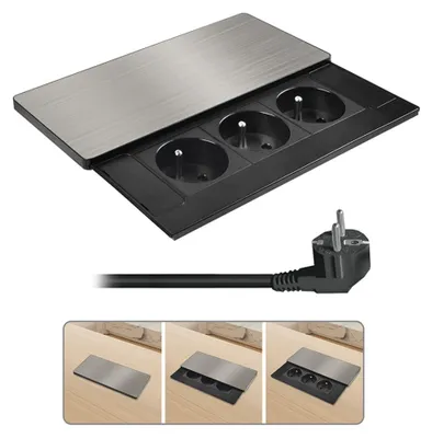 Produktbild von Solight Einbau-Steckdosenleiste mit Schiebeabdeckung, 3 Steckdosen, 2 m, silber PP128
