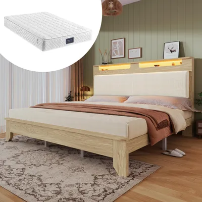 Obrázek produktu pro Dvojlůžko, dřevěná konstrukce, rozměry 140x200 cm, čelo postele s úložným prostorem, LED osvětlením a béžovou čalouněnou opěrkou, rám postele s dřevěnými lamelami