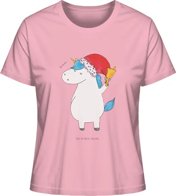Produktbild von Mr. & Mrs. Panda Oberteil Damen Einhorn Weihnachtsmann Größe M - Baumwolle Pink - Geschenk, Schokolade, Einhörner, Basic Shirt, Gin, Weihnachten, T-Shirt, Unicorn, Baumwoll