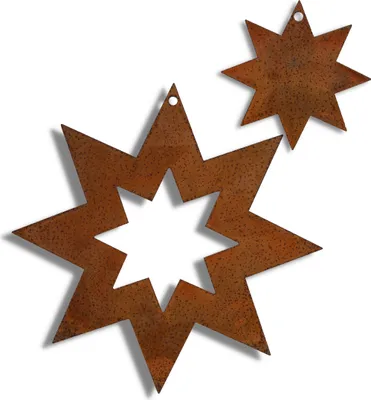 Two star-shaped ornaments made of rusted metal, one larger and one smaller, are shown against a white background.