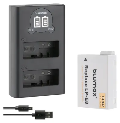 Produktbild von 1x Akku + LCD Lader für Canon EOS 550D, 600D, 650D, 700D - LP-E8 1260 mAh (7,2V)