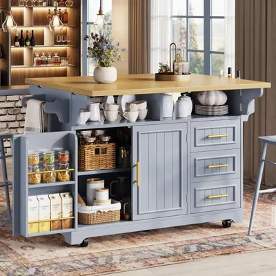 Productafbeelding van MODFU Keukeneiland met uitschuifbaar aanrechtblad, keukentafel met een werkhoogte van 95 cm, keukenkraam met 3 lades, mobiel keukeneiland met wielen, blauw