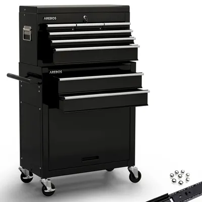 A black tool chest with multiple drawers on a white background.