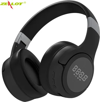 A black over-ear Bluetooth headset with a digital display on the right earcup.