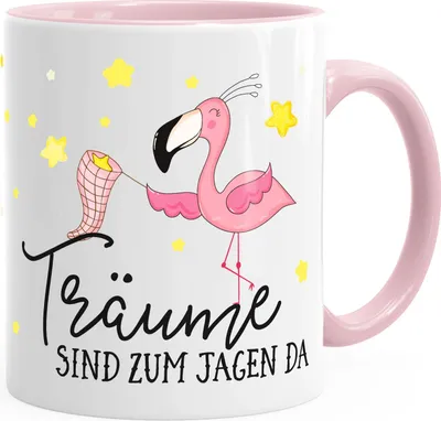 Produktbild von Flamingo Tasse mit Spruch Träume sind zu jagen da Kaffeetasse Teetasse Keramiktasse MoonWorks® rosa unisize