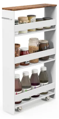 A white and brown narrow shelving unit filled with jars and bottles.