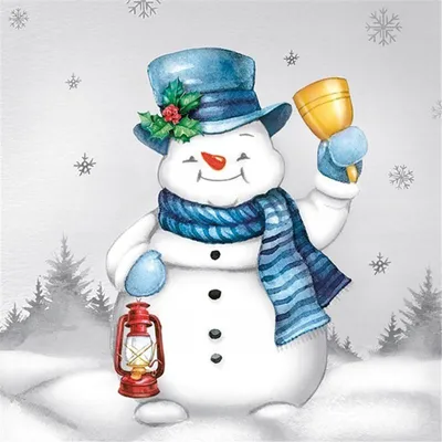 Produktbild von 20 Servietten Joyful Snowmen with Bell - Schneemann mit Glocke und Laterne 33x33cm