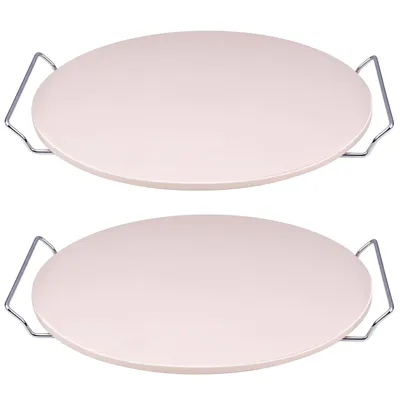 Immagine prodotto di 2 pietre per pizza Ø 33 cm per forno e barbecue con supporto in acciaio inossidabile, spessore 1 cm - Pietra per pizza in cotto per forno e barbecue a gas