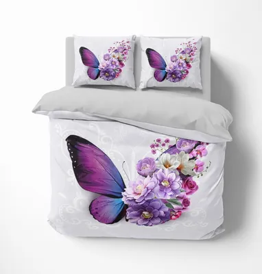 Produktbild von FEBE 3D Bettwäsche Schmetterling Bettbezug-Set 135x200 + Kissenbezug 80x80 cm Wendebettwäsche 2 Teilig Lila Weiß Grau mit Reißveschluss