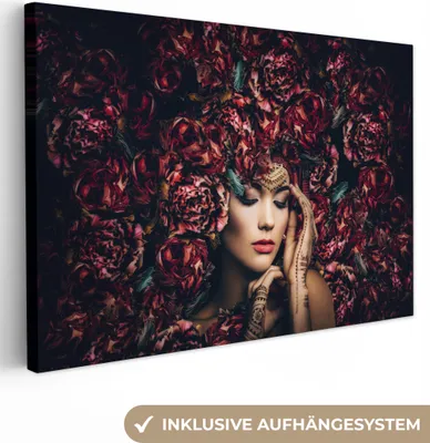Obrázek produktu pro OneMillionCanvasses® - Plátno - Žena - Květiny - Henna - Portrét, nástěnná malba, nástěnné dekorace obrazy obývací pokoj, 120x80cm