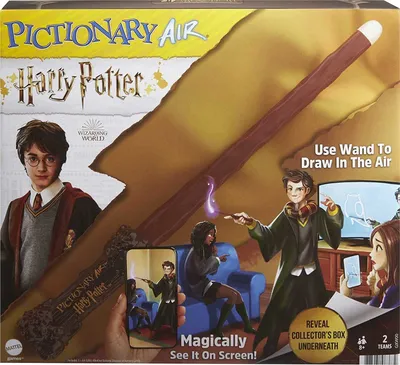 The image shows the Pictionary Air: Harry Potter Edition game box, featuring illustrations of characters and gameplay.