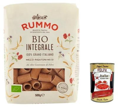 Produktbild von 20x Rummo Pasta Integrale Mezzi rigatoni N. 51, Vollkornnudeln Nudeln Vollkorn Italienische Pasta 500g + Italian Gourmet polpa 400g