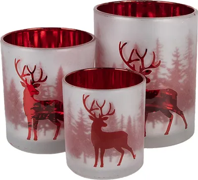 Produktbild von Clayre & Eef Teelichthalter 3er Set Weiß Rot Glas Hirsch