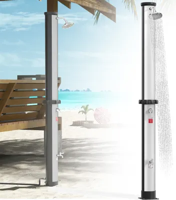 Image de LZQ Douche de jardin solaire Douche extérieure 40 litres Douche solaire Eau chaude max. 60°C, Douche extérieure avec pommeau de douche Convient pour les tuyaux d'arrosage courants, noir+argenté