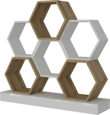 A hexagonal shelf unit with alternating white and oak wood sections, displayed on a white base.
