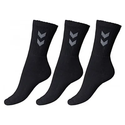 Three black socks with grey logos are arranged diagonally on a white background.