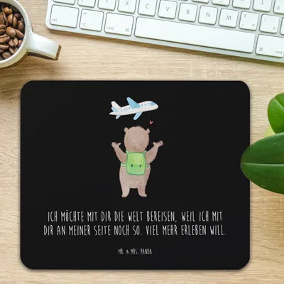 Produktbild von Mr. & Mrs. Panda Mauspad Bär Flugzeug - Schwarz - Geschenk, für Freundin, Hochzeitstag, Mousepad, Frauen, pc mausunterlage, Partner, Mouse Pad, laptop, computer