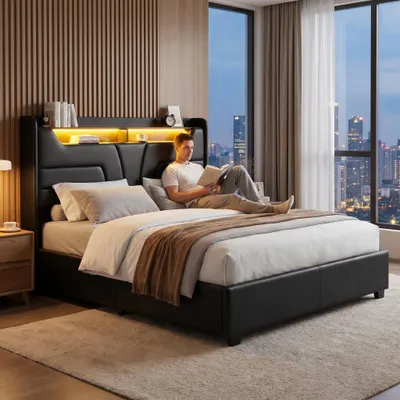 Immagine prodotto di Letto idraulico INONEFT, 140 x 190 cm, letto per ragazzi, letto matrimoniale con LED e USB, letto imbottito con spazio contenitore e rete a doghe, in PU, colore nero, senza materasso