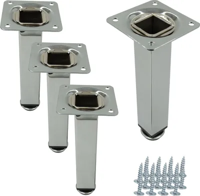 Obrázek produktu pro 4x Noha k nábytku, rovná, čtvercová, stříbrná, kovová, nastavitelná, 15 cm