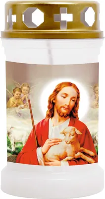 Produktbild von Grabkerze Weiß, Brenndauer: 40 Stunden, Motiv: Jesus mit Lamm
