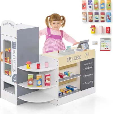 Produktbild von DREAMADE Kasse Kaufladen Kinder, Kaufmansladen Holz mit realistischer Kasse & Verkaufsautomat, Spiel-Supermarkt mit 15 Zubehör & Kreidetafel (Weiß)