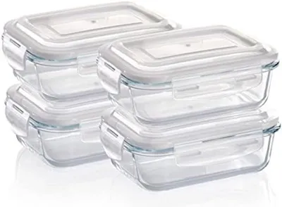 Produktbild von PolkaHome® Glass Vorratsbehälter Set - 4 Stück - 640 ml pro Behälter - Rechteckig mit luftdichten Deckeln - Mikrowellen- & ofenfest