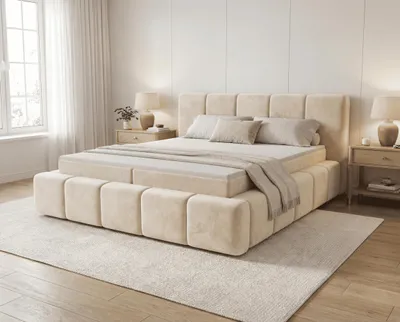 Obrázok produktu pre Postel s pružinovou základnou 160x200 cm Calisto – matrac H3, vrchná matrace, zásuvka pod posteľ – poťah z velúru, béžová farba, Obrázok generovaný UI