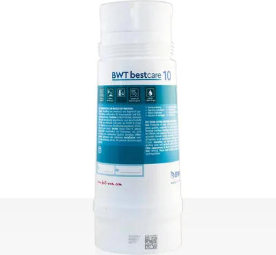 A close-up studio shot of a BWT bestcare 10 water filter. The filter is white with a blue band around the middle featuring text and icons.
