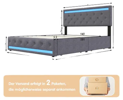 Immagine prodotto di Letto imbottito, illuminazione a LED, porte di ricarica USB, C – grigio scuro 140×190 cm