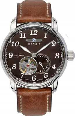 A close-up studio shot of a men's wristwatch with a brown leather strap and a brown dial.