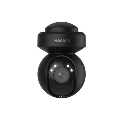 A black Reolink security camera with a dome-shaped top and a spherical camera body.