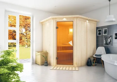 Produktbild von Karibu Sauna Innensauna Lilja Eckeinstieg ohne Zubehör 210x184x202 cm mit Dachkranz  mit Bronzierter Tür