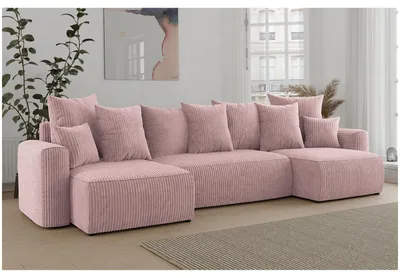 Produktbild von MEBLINI Schlafcouch mit Bettkasten - 312x142x73cm - Altrosa Cordstoff - DAVE - Ecksofa mit Schlaffunktion - Sofa mit Relaxfunktion und Kopfstützen - Couch U-Form - Eckcouch - Wohnlandschaft
