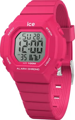 A bright pink digital watch is shown against a white background.