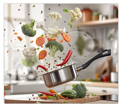 Produktbild von Spritzschutz Herdabdeckplatte Schneidebrett aus Glas Kochen Mit Gemüse 1-Teilig (60x52cm)