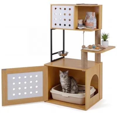 Produktbild von KOMFOTTEU Kratzbaum mit Katzenklo-Schrank, stabiler Katzenbaum mit Futterplattform, 3 Sisal-Kratzpfosten & 2 Kratzbrettern, Katzenkratzbaum Kletterbaum Holz, Katzenaktivitätsbaum Katzenmöbel Indoor