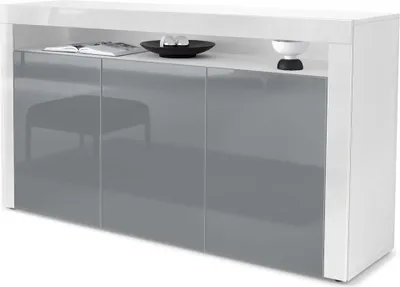 Produktbild von Vladon Sideboard Valencia,  Germany, Kommode mit 3 Türen und 1 offenem Fach, Weiß matt/Grau Hochglanz/Weiß Hochglanz (155 x 92 x 40 cm)