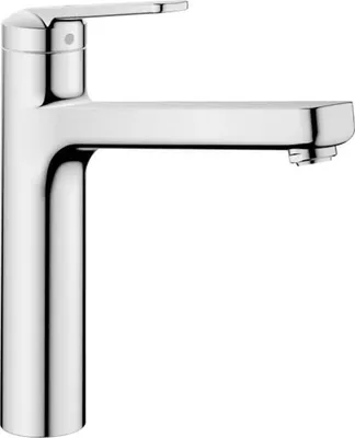 KWC DOMO 6.0 Hebelmischer für die Küche in Chrom-Optik. Die Armatur hat einen flachen, eckigen Auslauf und eine Auslaufhöhe von 185. Oben befindet sich der Hebel zur Steuerung.