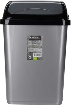 A gray dustbin with a black lid and a label on the front.