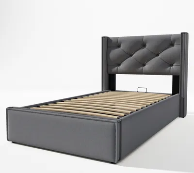 Obrázek produktu pro okwish hydraulická jednolůžková čalouněná postel 90x200cm, postel s kovovým roštem, moderní rám postele s úložným prostorem šedý (bez matrace)