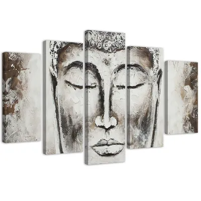 Produktbild von 5-teiliges leinwandbild porträt von buddha 200x100 cm Feeby grau wandbild bereit zum aufhängen