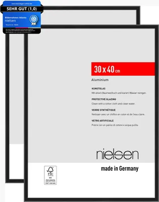 Two Nielsen picture frames are shown, one slightly behind the other, with product information displayed on the front frame.