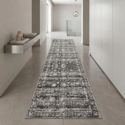 Obrázek produktu pro Šedý moderní koberec s vintage květinovým vzorem, rozměry: 80 x 150 cm