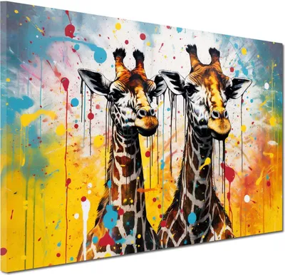 Produktbild von Giraffen abstrakt Pop Art Style Wandbild Leinwandbild Kunstdruck XL Wanddeko: 90x60x2cm