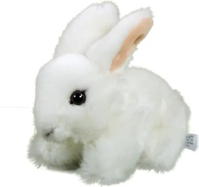 A plush toy rabbit sits on a white background.