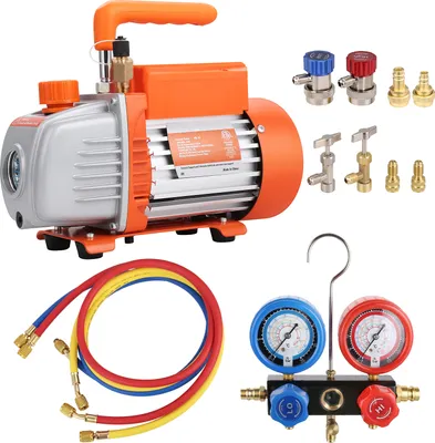 Produktbild von SucceBuy 1/5 HP 3.5 CFM AC Vakuumpumpe & Manometer-Set, einstufige Drehschieber-HVAC-Luftpumpe, A/C-Kältemittel-Kit mit dreifarbigem Schlauch & Tragetasche, für R134a, R1234yf