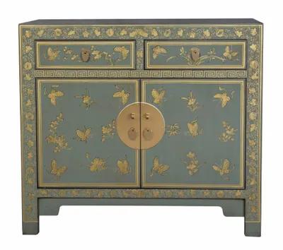 Produktbild von Fine Asianliving Chinesischer Schrank Olive Grau Schmetterlinge Handbemalt - Orientique Kollektion B90xT40xH80cm Chinesischer Schrank Chinesischer Hochzeitsschrank Orientalische Möbel Asiatische
