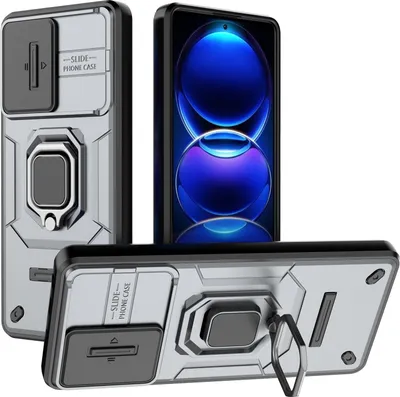 Immagine prodotto di Custodia per Xiaomi Redmi Note 12 Pro+ 5G a doppio strato con protezione scorrevole per la fotocamera e supporto ad anello, stand Grey