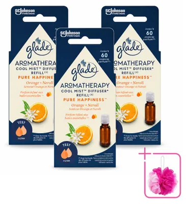 Imagen del producto de 3 unidades de recambio de ambientador Glade Aromatherapy, línea "Pure Happiness", con aroma a naranja y neroli, de 17,4 ml cada uno. Pack ahorro