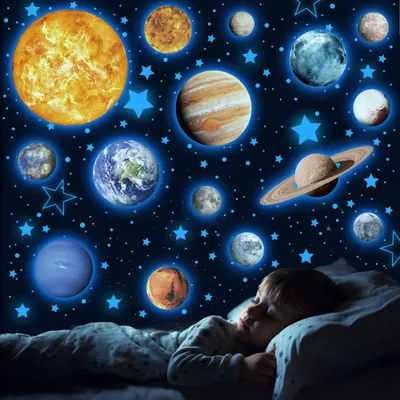 Immagine prodotto di Adesivi murali a tema sistema solare, confezione da 780 pezzi, pianeti luminosi, ideali per la cameretta dei bambini